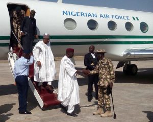 i Pic.16. The Theater Commander of Operation Lafiya Dole, Maj. - Gen. Lucky Irabor (R) welcoming Ahaji Abba Kyari, the Chief of Staff to the President who led a Federal Government delegation team on a condolence visit to Maiduguri on Wednesday (18/1/17) over Tuesdays accidental bombing of a civilian community in Rann. 00543/18/1/2017/Ali Baba Inuwa/BJO/NAN