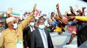 Former Vice President of Nigeria, Atiku Abubakar acknowledging cheers of his supporters at the Convention of the Peoples Democratic Party at the Eagles Square, Abuja on Saturday, 30.10.2021.