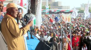 Former Vice President of Nigeria, Atiku Abubakar addressing delegates and party faithful at the Convention of the Peoples Democratic Party at the Eagles Square, Abuja on Saturday, 30.10.2021.